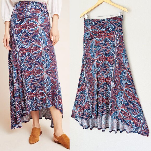 Maeve By Anthropologie Melissa Knit Paisley Maxi Skirt S Hi-low Soft Gypsy Boho - Picture 1 of 15